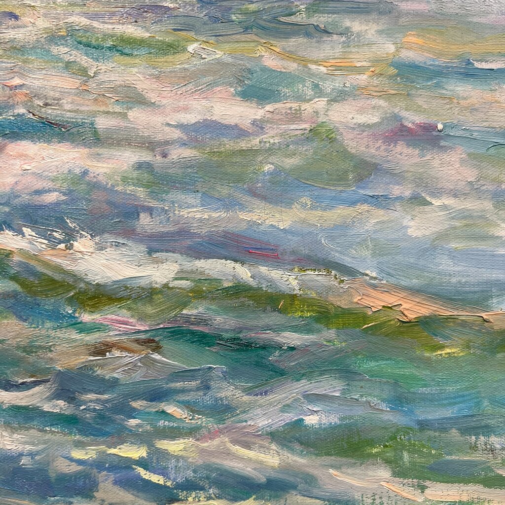 Genesis by: Richard L. Yaco (b. 1942)  Alkyd & Oil on Canvas  Mother and Child by the Sea 44Lx32H