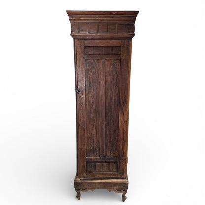 Antique Rustic European Wooden Cabinet w/ Paneled Doors Antique Circa 1890 Belgian Gothic Revival Narrow Chimney Cupboard w/ Hand-Carved Oak Panels & Ogge Bracket Feet 22.5Lx20.5Wx68.5H