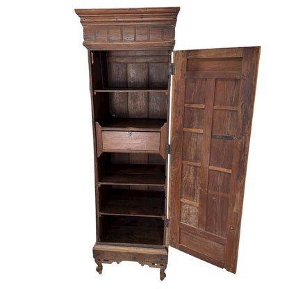 Antique Rustic European Wooden Cabinet w/ Paneled Doors Antique Circa 1890 Belgian Gothic Revival Narrow Chimney Cupboard w/ Hand-Carved Oak Panels & Ogge Bracket Feet 22.5Lx20.5Wx68.5H