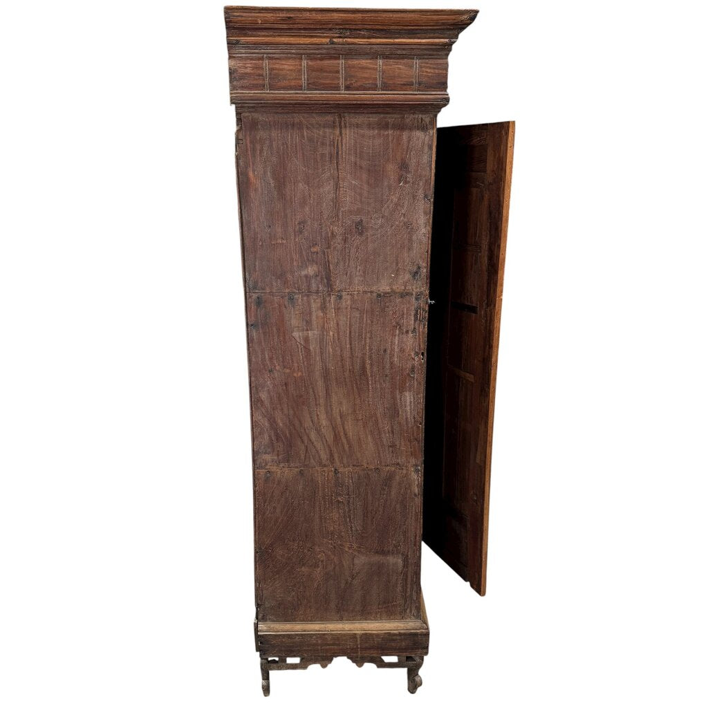 Antique Rustic European Wooden Cabinet w/ Paneled Doors Antique Circa 1890 Belgian Gothic Revival Narrow Chimney Cupboard w/ Hand-Carved Oak Panels & Ogge Bracket Feet 22.5Lx20.5Wx68.5H
