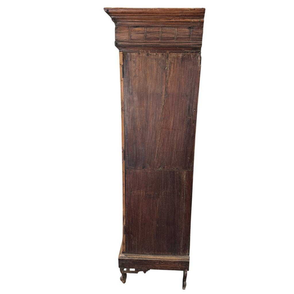 Antique Rustic European Wooden Cabinet w/ Paneled Doors Antique Circa 1890 Belgian Gothic Revival Narrow Chimney Cupboard w/ Hand-Carved Oak Panels & Ogge Bracket Feet 22.5Lx20.5Wx68.5H