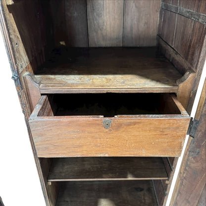 Antique Rustic European Wooden Cabinet w/ Paneled Doors Antique Circa 1890 Belgian Gothic Revival Narrow Chimney Cupboard w/ Hand-Carved Oak Panels & Ogge Bracket Feet 22.5Lx20.5Wx68.5H