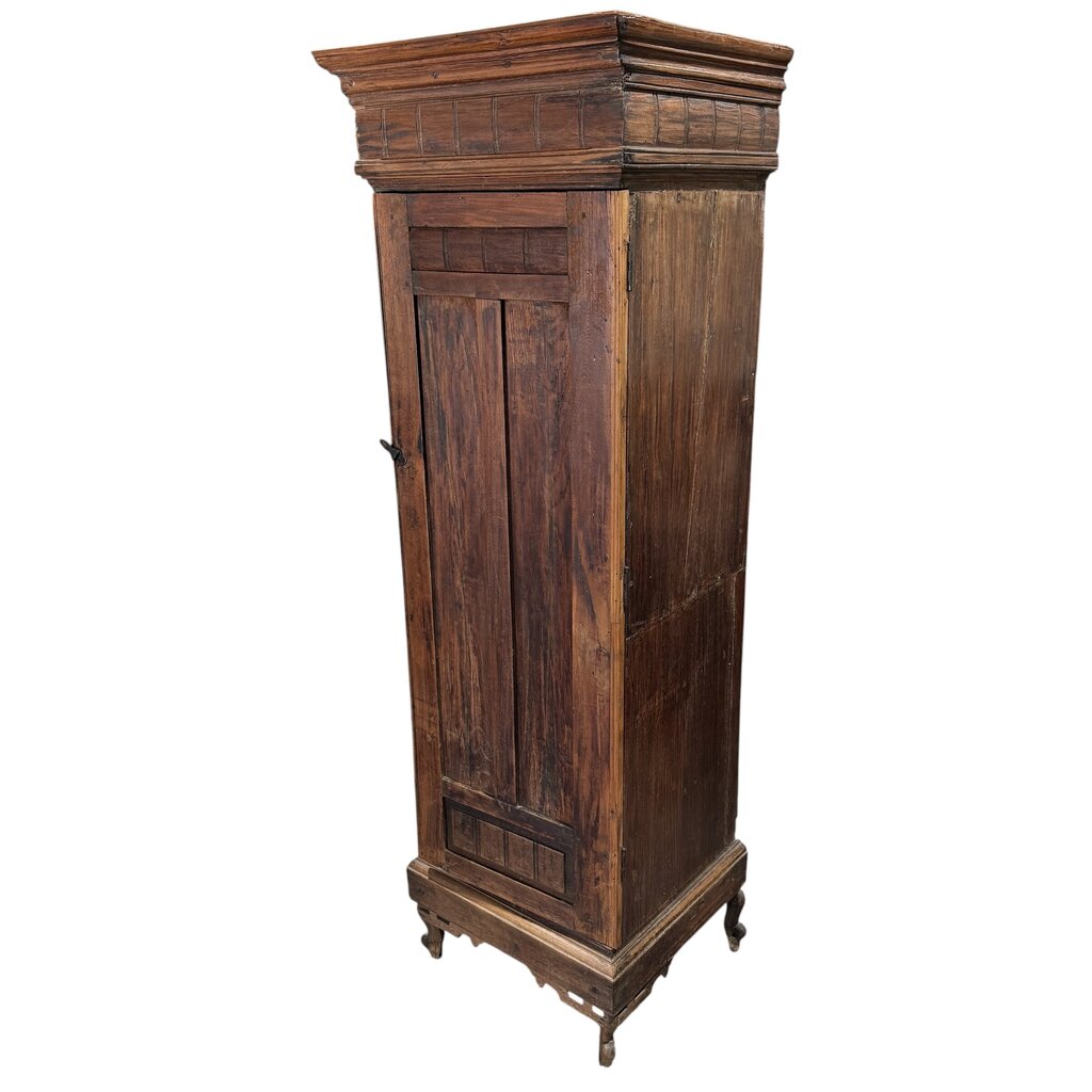 Antique Rustic European Wooden Cabinet w/ Paneled Doors Antique Circa 1890 Belgian Gothic Revival Narrow Chimney Cupboard w/ Hand-Carved Oak Panels & Ogge Bracket Feet 22.5Lx20.5Wx68.5H