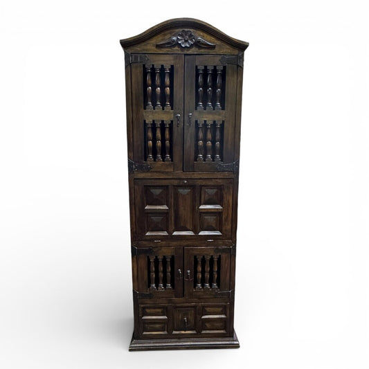 Vintage Dark Wood Spanish Style Secretary Desk Cabinet w/ Spindle Turnings in Doors Lots of Storage for Stationary 28Lx17Wx84H