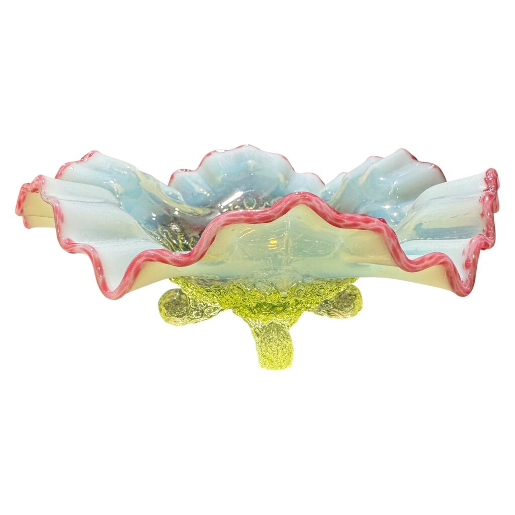 Vintage Uranium Glass Footed Dish w/ Ruffled Edges
