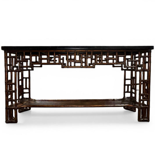 Tommy Bahama Royal Kahala Mystic Console Features a Pan-Asian Chinese Chippendale Design with a Leather-Wrapped Rattan Base and a Black Penn Shell Top 67Wx18Dx36H