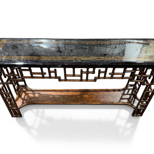 Tommy Bahama Royal Kahala Mystic Console Features a Pan-Asian Chinese Chippendale Design with a Leather-Wrapped Rattan Base and a Black Penn Shell Top 67Wx18Dx36H