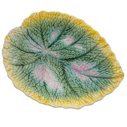 Majolica Begonia Leaf Plate, Green Pink Yellow circa 1900's 10Lx8W