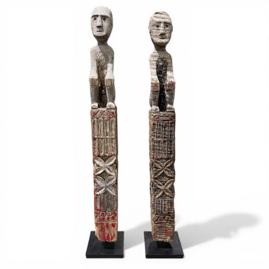 Antique Flores Ana Deo Ancestor Figures, Hand-Carved Wood with Traces of Original Red Pigment. Powerful Guardian Forms with Honest Age and Patina. Rare Tribal Pair Mounted on Iron Base for the Discerning Collector (3Lx3Wx19.5H each piece)
