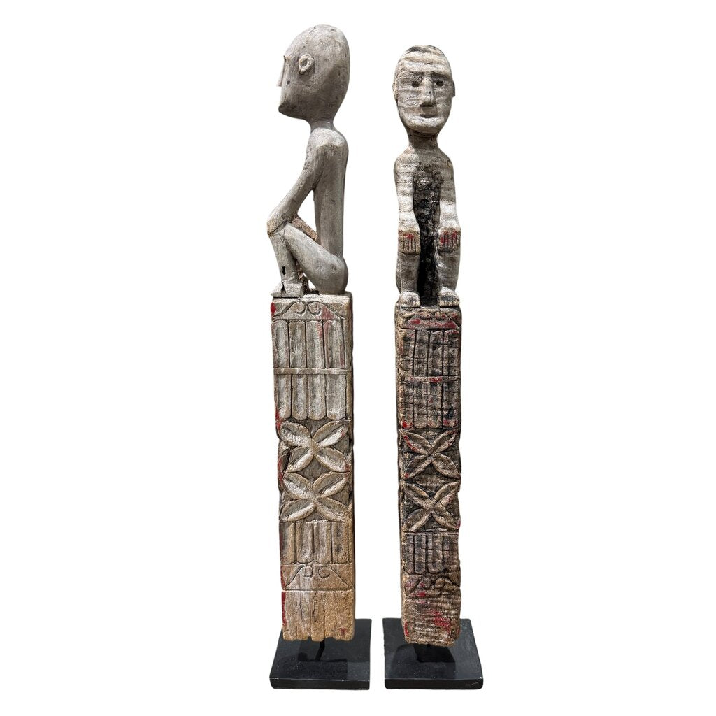 Antique Flores Ana Deo Ancestor Figures, Hand-Carved Wood with Traces of Original Red Pigment. Powerful Guardian Forms with Honest Age and Patina. Rare Tribal Pair Mounted on Iron Base for the Discerning Collector (3Lx3Wx19.5H each piece)