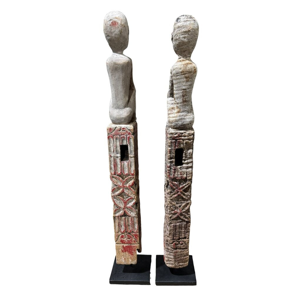 Antique Flores Ana Deo Ancestor Figures, Hand-Carved Wood with Traces of Original Red Pigment. Powerful Guardian Forms with Honest Age and Patina. Rare Tribal Pair Mounted on Iron Base for the Discerning Collector (3Lx3Wx19.5H each piece)