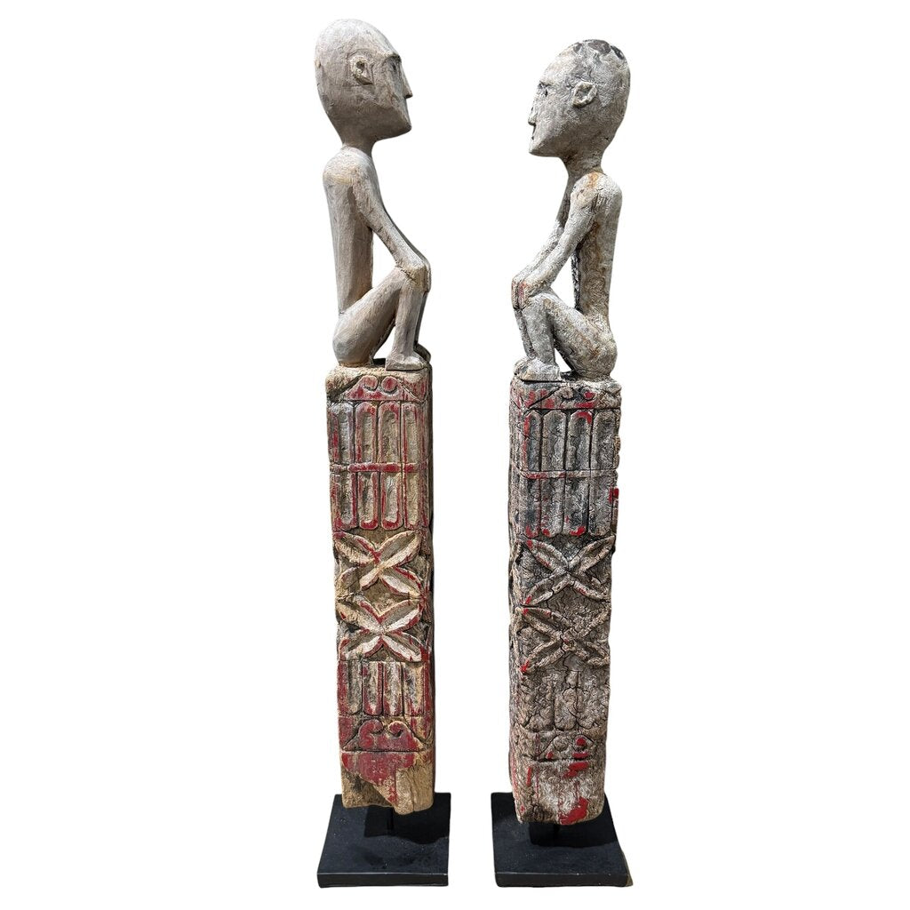 Antique Flores Ana Deo Ancestor Figures, Hand-Carved Wood with Traces of Original Red Pigment. Powerful Guardian Forms with Honest Age and Patina. Rare Tribal Pair Mounted on Iron Base for the Discerning Collector (3Lx3Wx19.5H each piece)