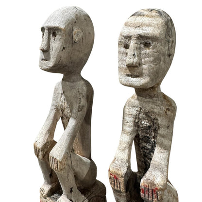 Antique Flores Ana Deo Ancestor Figures, Hand-Carved Wood with Traces of Original Red Pigment. Powerful Guardian Forms with Honest Age and Patina. Rare Tribal Pair Mounted on Iron Base for the Discerning Collector (3Lx3Wx19.5H each piece)