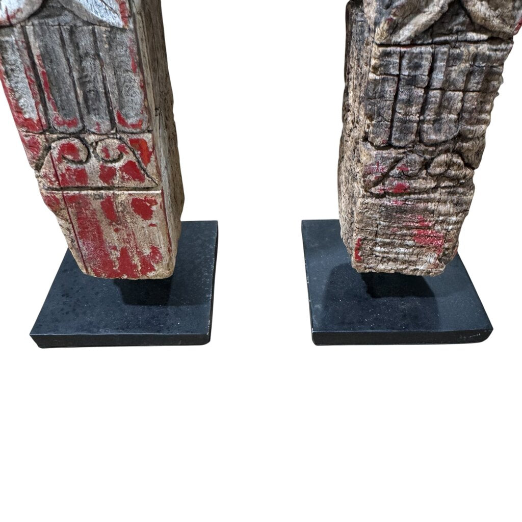 Antique Flores Ana Deo Ancestor Figures, Hand-Carved Wood with Traces of Original Red Pigment. Powerful Guardian Forms with Honest Age and Patina. Rare Tribal Pair Mounted on Iron Base for the Discerning Collector (3Lx3Wx19.5H each piece)
