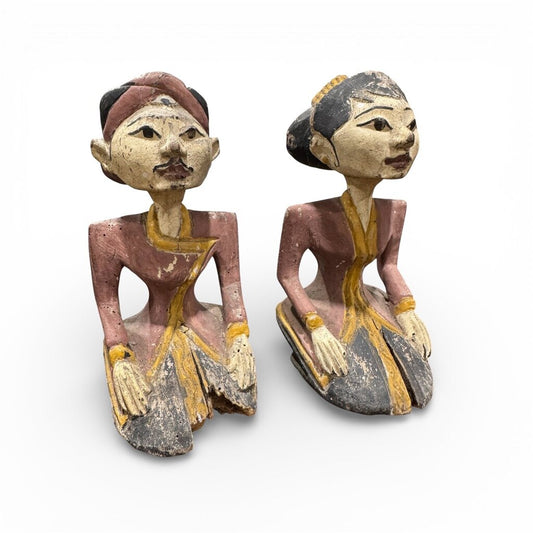 Antique Javanese Loro Blonyo Bride & Groom, Hand-Carved Wood with Original Polychrome Paint. Beautiful Age and Patina. A Symbol of Prosperity and Harmony. Rare Exceptional Pair for the Refined Collector (6Lx3Wx6H each piece)