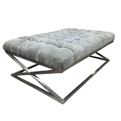 Wellington Rectangular Metal Cocktail Ottoman Nickel Finish w/ X-shape Metal Base & High Performace Gray Tufted Plush Top by: CraftMaster Furniture 49Lx33Wx18H