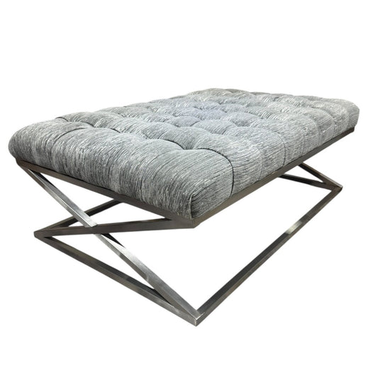 Wellington Rectangular Metal Cocktail Ottoman Nickel Finish w/ X-shape Metal Base & High Performace Gray Tufted Plush Top by: CraftMaster Furniture 49Lx33Wx18H