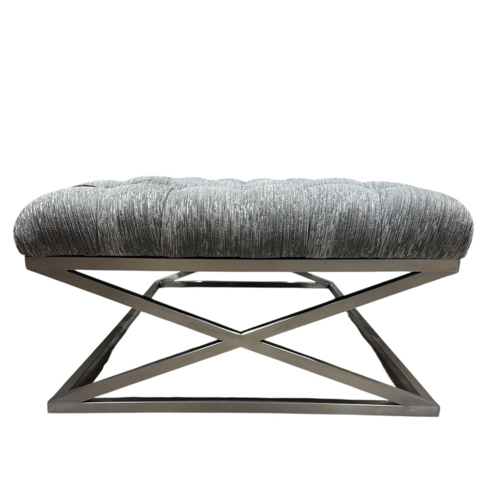 Wellington Rectangular Metal Cocktail Ottoman Nickel Finish w/ X-shape Metal Base & High Performace Gray Tufted Plush Top by: CraftMaster Furniture 49Lx33Wx18H