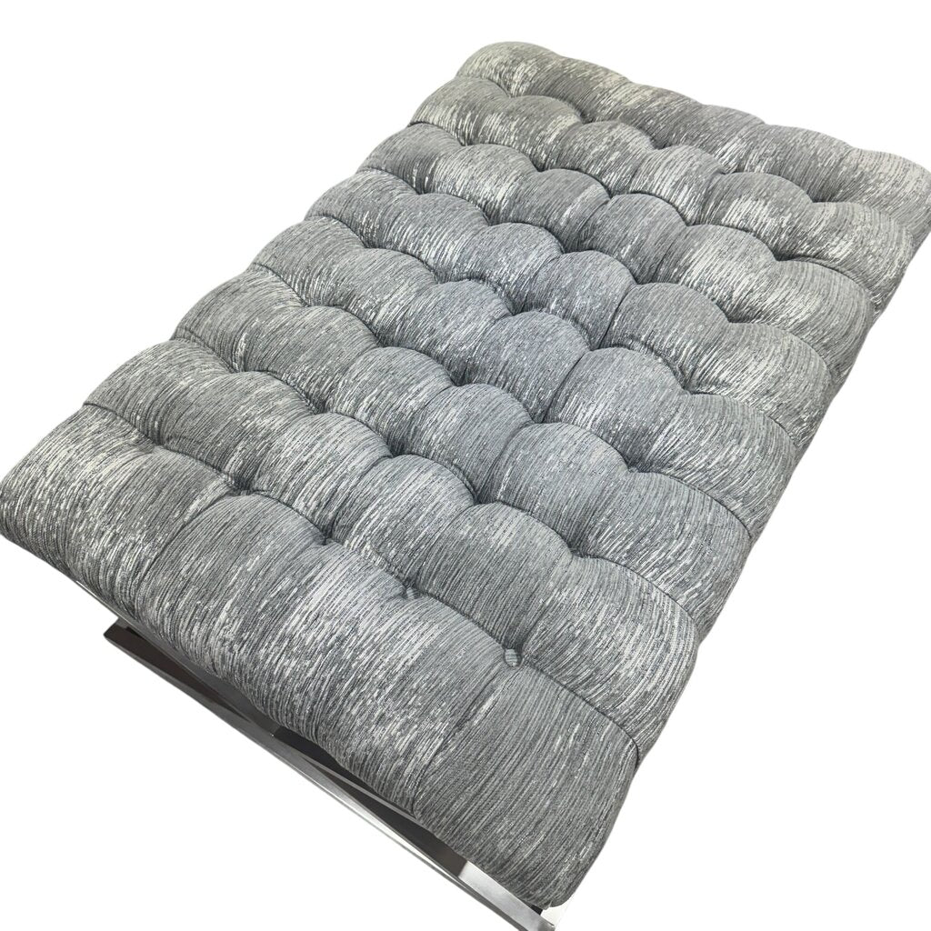 Wellington Rectangular Metal Cocktail Ottoman Nickel Finish w/ X-shape Metal Base & High Performace Gray Tufted Plush Top by: CraftMaster Furniture 49Lx33Wx18H