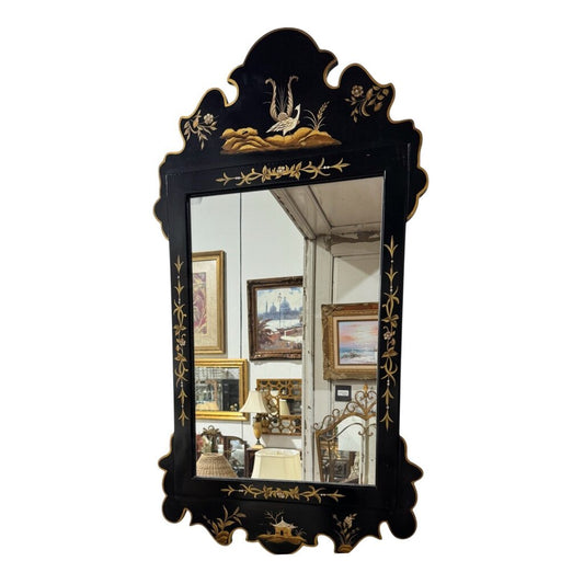 Vintage Hollywood Regency Chinoiserie Black Lacquered Elm Wood Mirror w/ Gold Leaf Accents by Michael Taylor for Baker Furniture's Far East Collection 20Lx36H