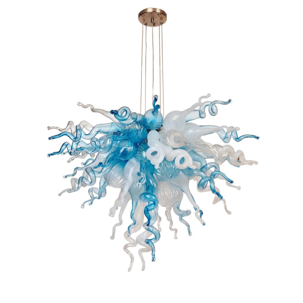 Viz Art Glass ColorSelect Winter Sky 60pc Small Hand-blown Glass Chandelier, Specifically Styled After Dale Chihuly's Designs, Featuring a Swirling Composition of Blue, White, & Clear Glass Elements