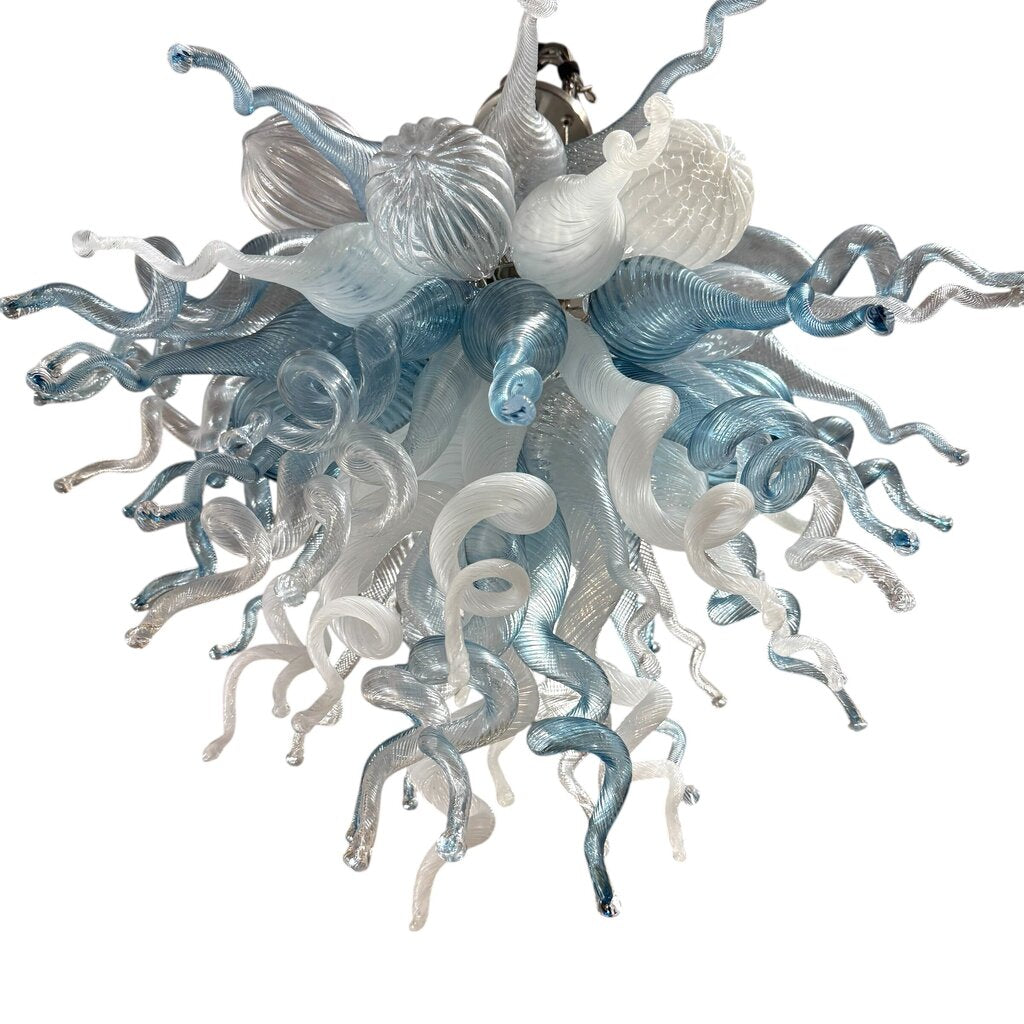 Viz Art Glass ColorSelect Winter Sky 60pc Small Hand-blown Glass Chandelier, Specifically Styled After Dale Chihuly's Designs, Featuring a Swirling Composition of Blue, White, & Clear Glass Elements