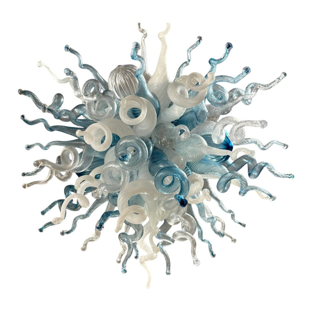 Viz Art Glass ColorSelect Winter Sky 60pc Small Hand-blown Glass Chandelier, Specifically Styled After Dale Chihuly's Designs, Featuring a Swirling Composition of Blue, White, & Clear Glass Elements