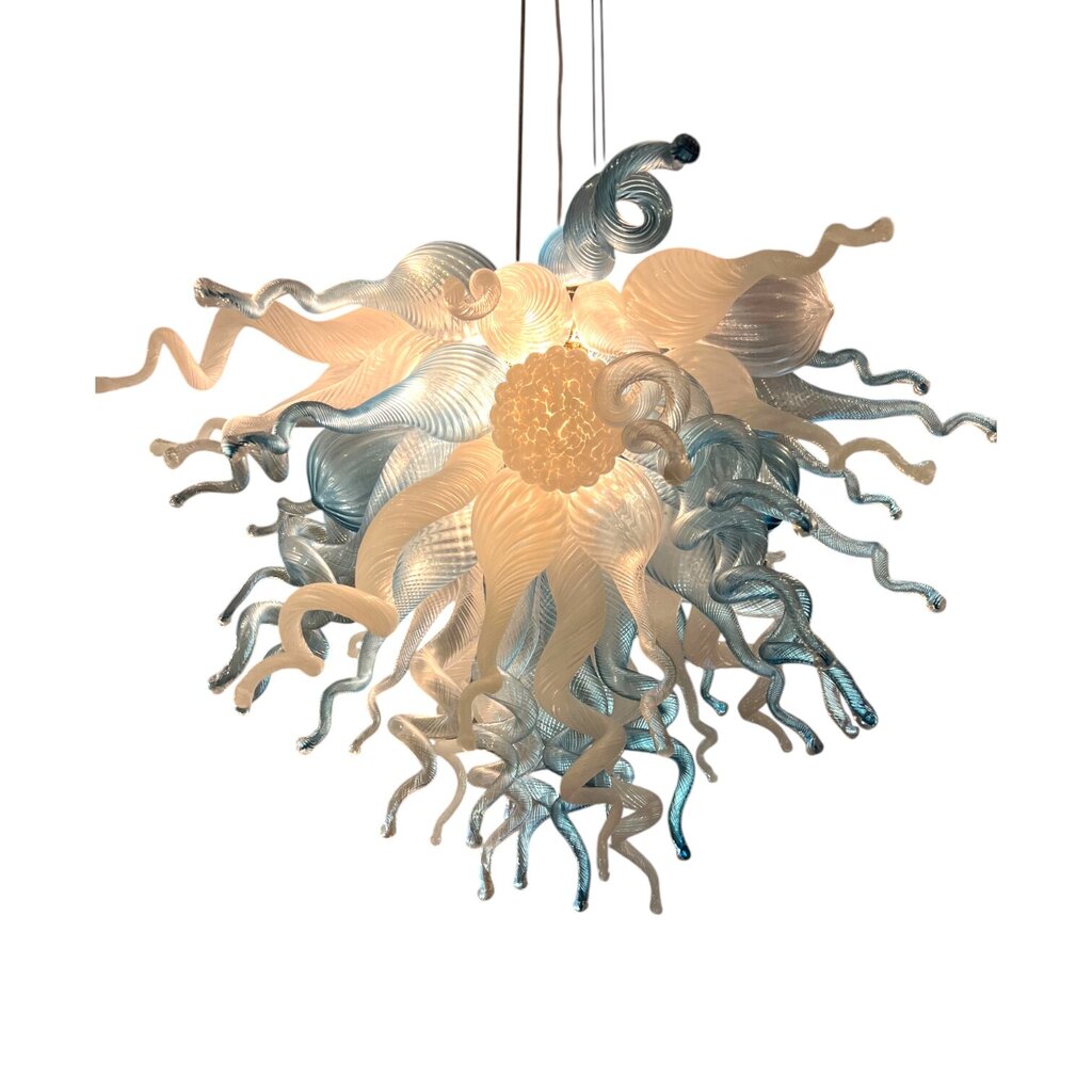 Viz Art Glass ColorSelect Winter Sky 60pc Small Hand-blown Glass Chandelier, Specifically Styled After Dale Chihuly's Designs, Featuring a Swirling Composition of Blue, White, & Clear Glass Elements