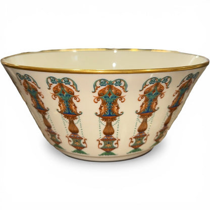 Vintage Lenox Lido 10" Salad Serving Bowl Ornate Blue & Tan Urn Motif 24k Gold Rim USA 1970s
