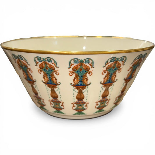 Vintage Lenox Lido 10" Salad Serving Bowl Ornate Blue & Tan Urn Motif 24k Gold Rim USA 1970s