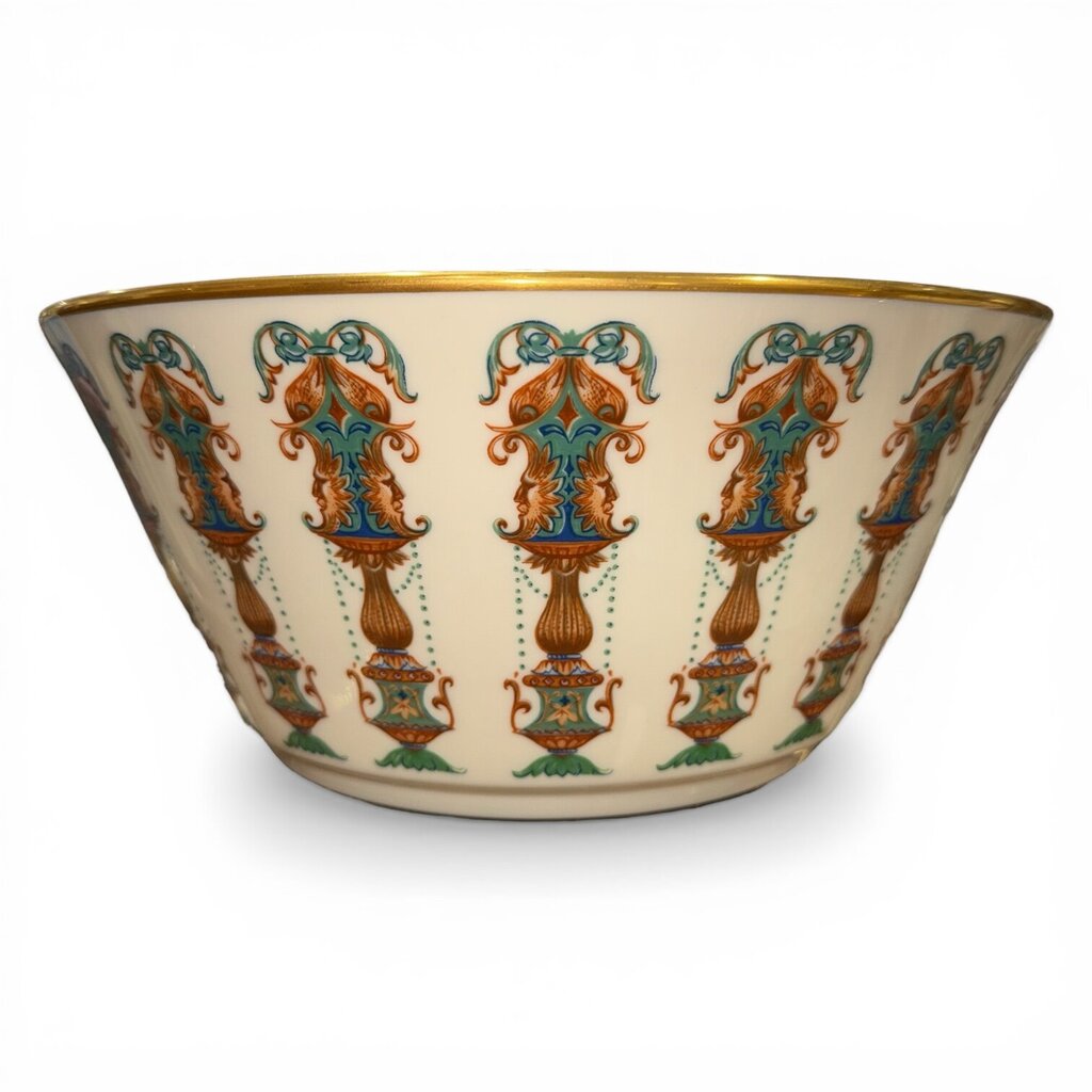 Vintage Lenox Lido 10" Salad Serving Bowl Ornate Blue & Tan Urn Motif 24k Gold Rim USA 1970s