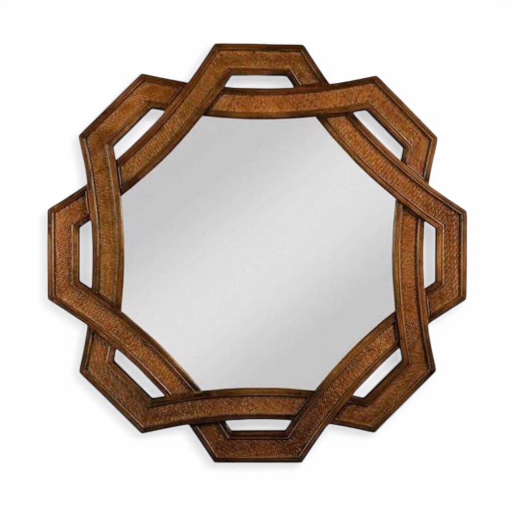 Vintage Drexel Heritage Wood & Woven Rattan Octagonal Geometric Shaped Wall Mirror 42Lx42H