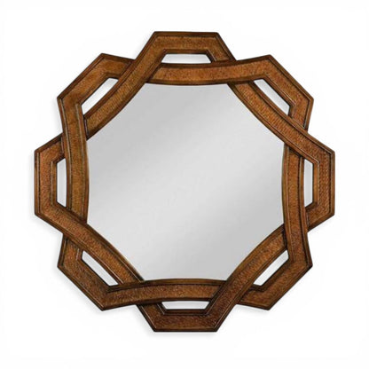 Vintage Drexel Heritage Wood & Woven Rattan Octagonal Geometric Shaped Wall Mirror 42Lx42H