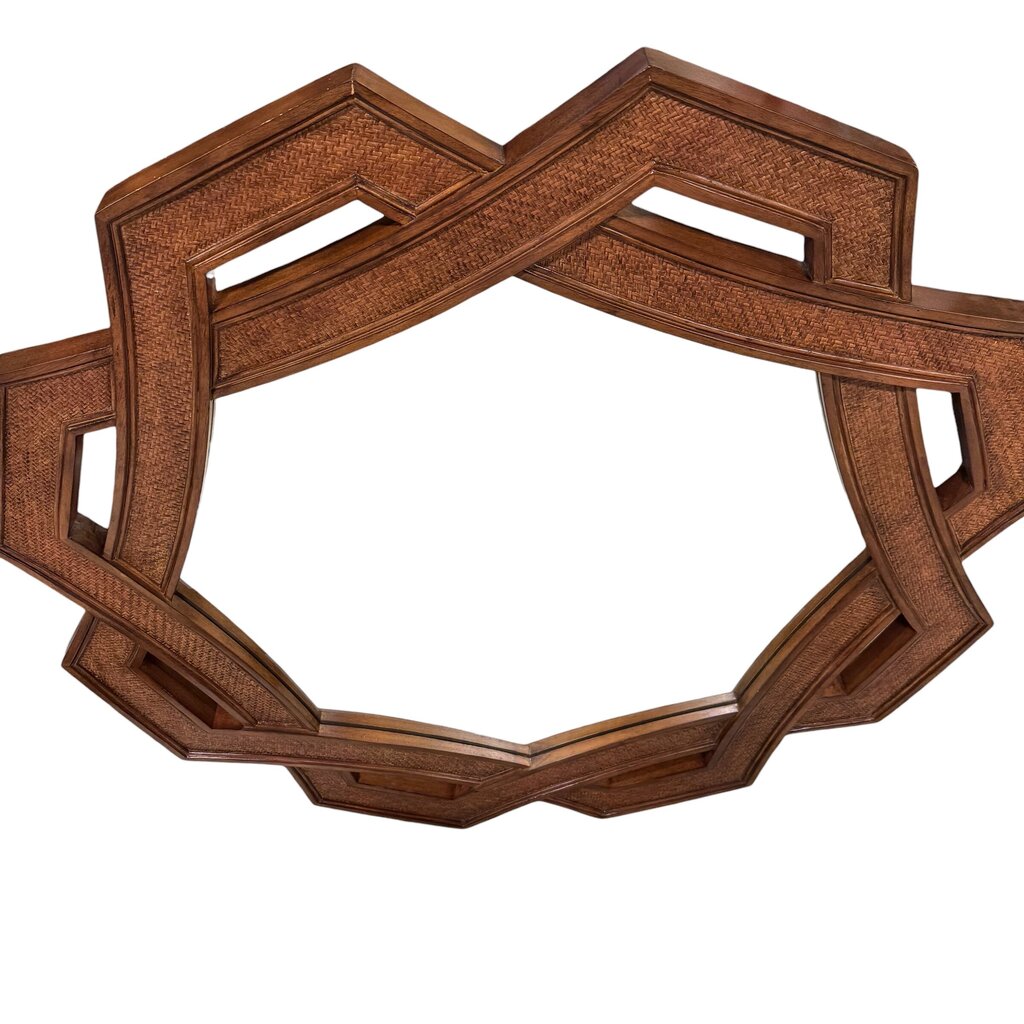 Vintage Drexel Heritage Wood & Woven Rattan Octagonal Geometric Shaped Wall Mirror 42Lx42H