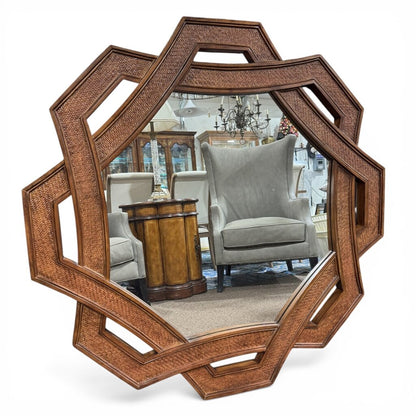 Vintage Drexel Heritage Wood & Woven Rattan Octagonal Geometric Shaped Wall Mirror 42Lx42H