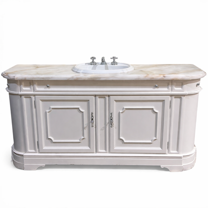71" White Antique Style Solid Wood Console Converted to Vanity w/ Custom Marble Top/ Sink/ Faucet by Universal Furniture 71Lx23Wx36H