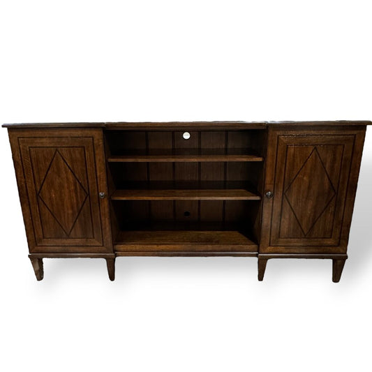 A.R.T. Furniture Chateaux Collection Entertainment Console in Rustic Walnut Finish w/ Diamond Inlay Doors. 2 Side Cabinets w// Adjustable Shelves & Open Center w/ 2 Adjustable Shelves 76Lx18Wx39H