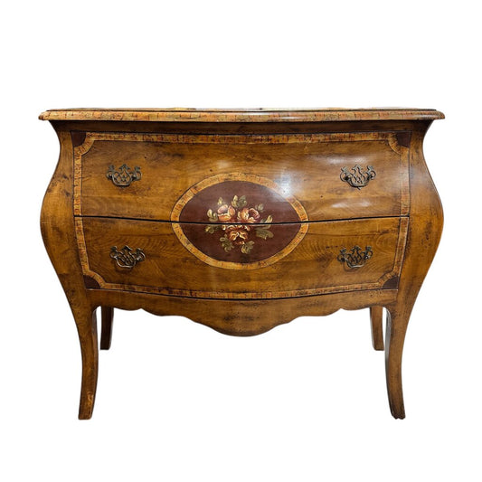 Hekman Hand-Painted Burlwood Bombay Commode In Louis XV Style, Shaped Front, Inlaid Top, Floral Medallion, Cabriole Legs, Brass Pulls, Made in Italy 43L×20W×34H.