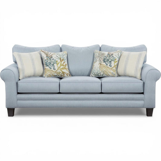 Fusion Rolled Arm Sofa from the Labyrinth Sky Collection Made in USA 4 Pillows Included 88Lx38Wx37H