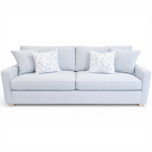 Capris Furniture Estate Sofa (E5020) Nomad Oxford Light Pale Blue Chenille Upholstery Crypton Fabric Made in FL 85Lx36Wx37H