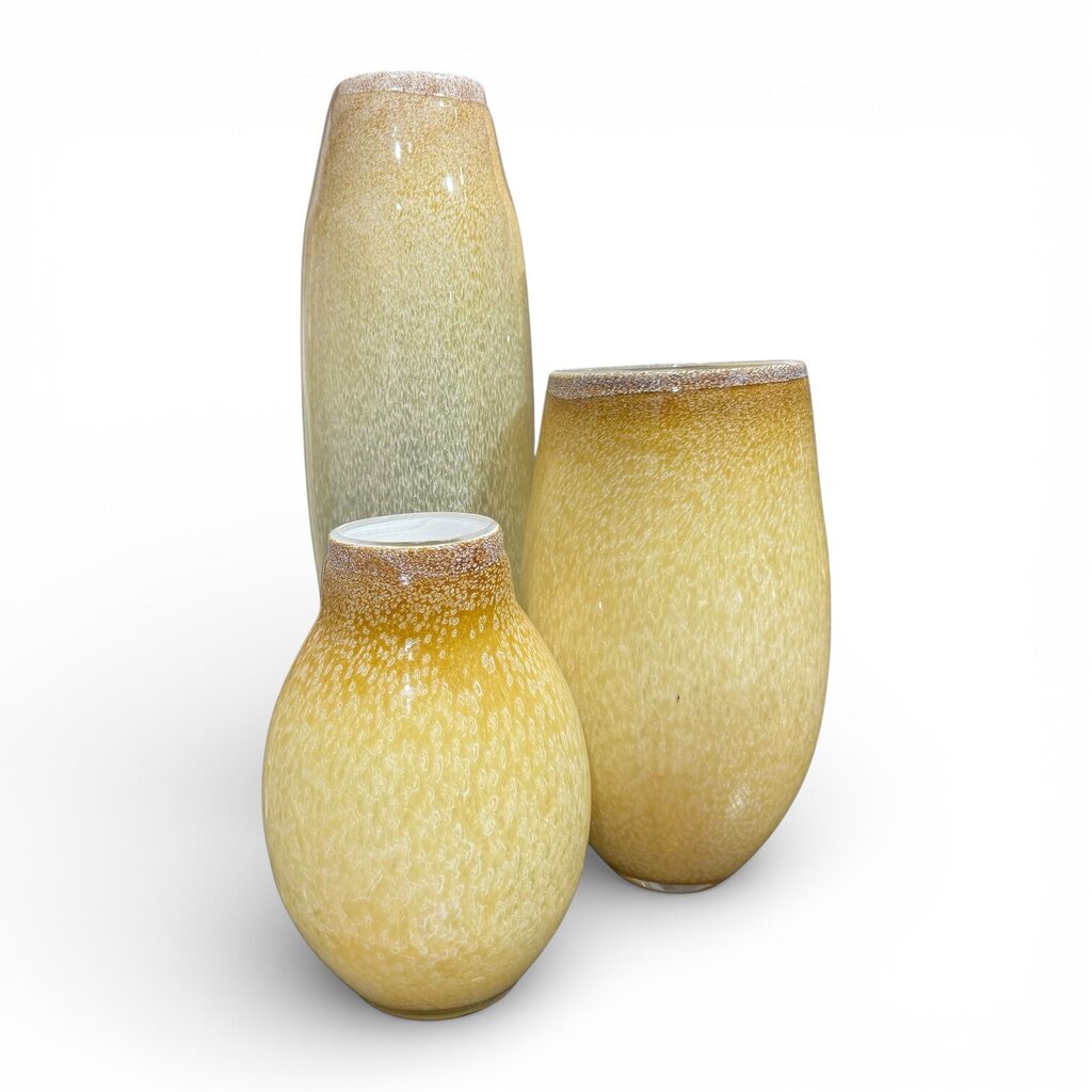 Heavy Hand Blown Polish Art Glass Vases in Amber Honey Tone w/ Textured Bubble. 3 Graduated Sizes. Thick Glass With Substantial Weight.
