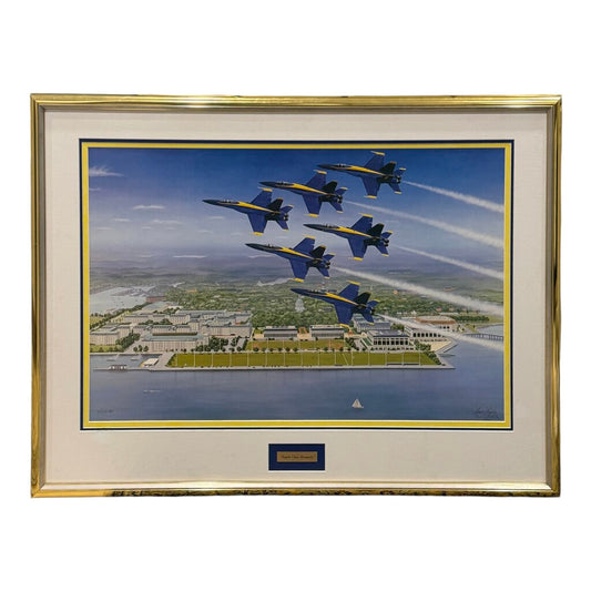 Limited Edition Aviation Art Lithograph titled "Angels Over Annapolis" by artist Sam Lyons, depicting the U.S. Navy Blue Angels flying over the Naval Academy Complex 39Lx29H