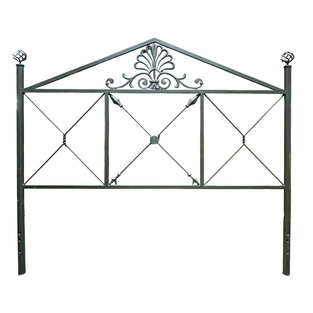 Green Metal Queen Headboard, Decorative Scrollwork w/ Center Medallion and Finials. Hollow Metal Construction, Painted Finish.