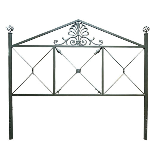 Green Metal Queen Headboard, Decorative Scrollwork w/ Center Medallion and Finials. Hollow Metal Construction, Painted Finish.