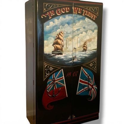 Antique Gentleman's Wardrobe Compactum, Circa 1900 -1920. Solid Wood w/ Fitted Interior Including Hanging Space, Drawers, Shelves, Mirror, Ivory Labels, & Locking Door. Artist Commissioned Hand-Painted Ocean Martime 1867 British Flags & Sailing Cutter ...