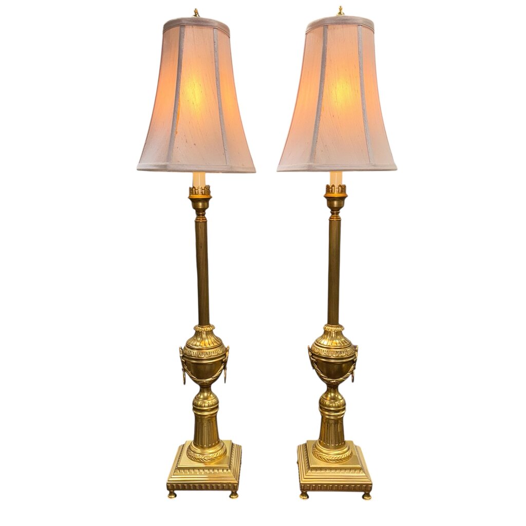 Pair of Frederick Cooper Brass Table Lamps w/ Fluted Column Stems, Urn Form Bodies, and Ring Handles. Classic Neoclassical Design w/ Stepped Square Bases. Heavy Solid Construction. Chicago 6Lx6Wx39H