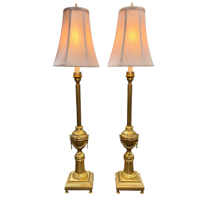 Pair of Frederick Cooper Brass Table Lamps w/ Fluted Column Stems, Urn Form Bodies, and Ring Handles. Classic Neoclassical Design w/ Stepped Square Bases. Heavy Solid Construction. Chicago 6Lx6Wx39H