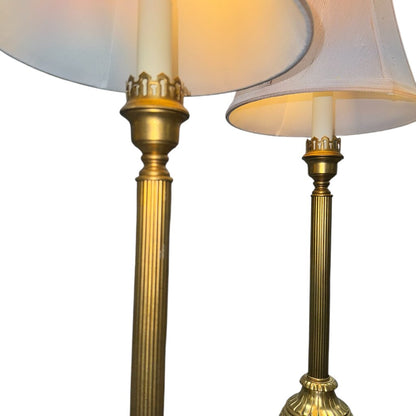 Pair of Frederick Cooper Brass Table Lamps w/ Fluted Column Stems, Urn Form Bodies, and Ring Handles. Classic Neoclassical Design w/ Stepped Square Bases. Heavy Solid Construction. Chicago 6Lx6Wx39H