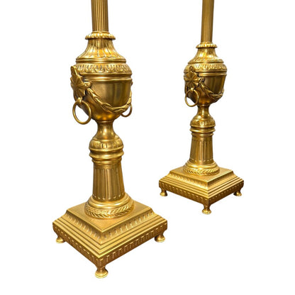 Pair of Frederick Cooper Brass Table Lamps w/ Fluted Column Stems, Urn Form Bodies, and Ring Handles. Classic Neoclassical Design w/ Stepped Square Bases. Heavy Solid Construction. Chicago 6Lx6Wx39H
