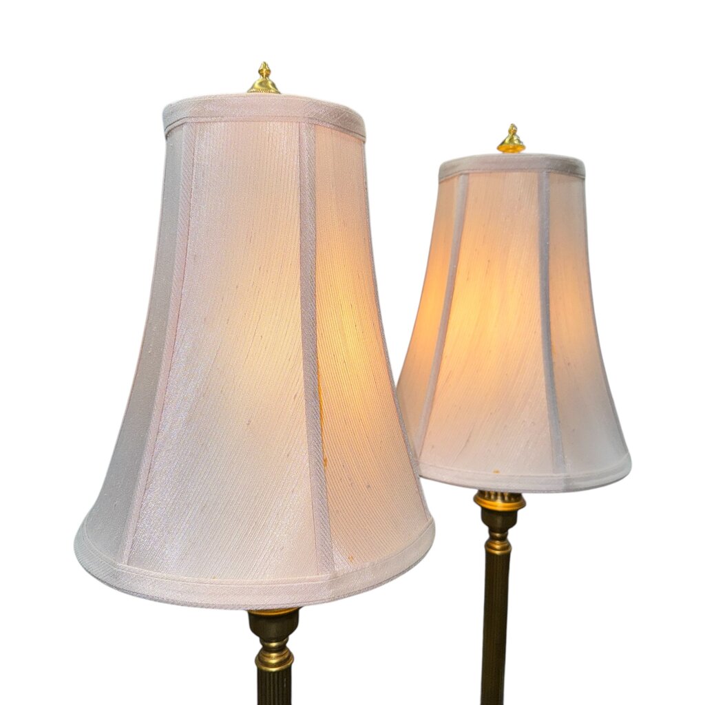 Pair of Frederick Cooper Brass Table Lamps w/ Fluted Column Stems, Urn Form Bodies, and Ring Handles. Classic Neoclassical Design w/ Stepped Square Bases. Heavy Solid Construction. Chicago 6Lx6Wx39H